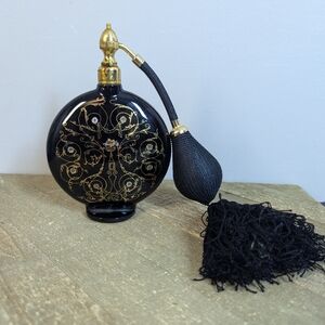 Vintage Marcel Franck Black Glass Perfume Bottle with Atomizer Gold Filigree